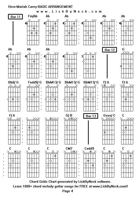 Chord Grids Chart of chord melody fingerstyle guitar song-Hero-Mariah Carey-BASIC ARRANGEMENT,generated by LickByNeck software.